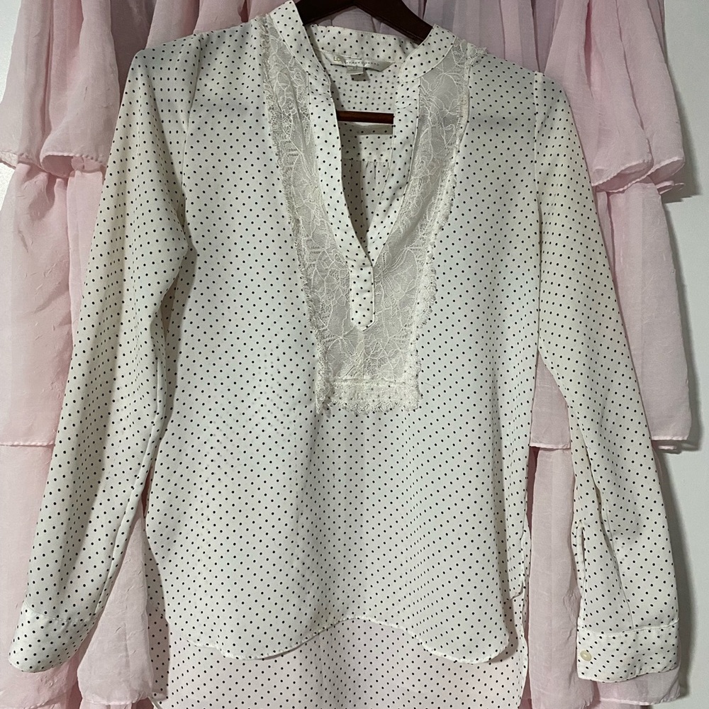 LC Lauren Conrad Ivory Polka Dot Lace-Trim Blouse
